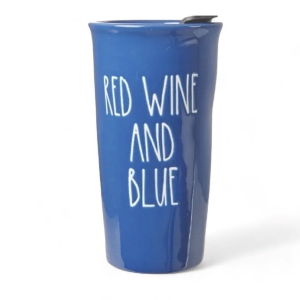 Rae Dunn RED WINE AND BLUE Ceramic Travel Mug with Lid (2022, 4th of July, NEW!)